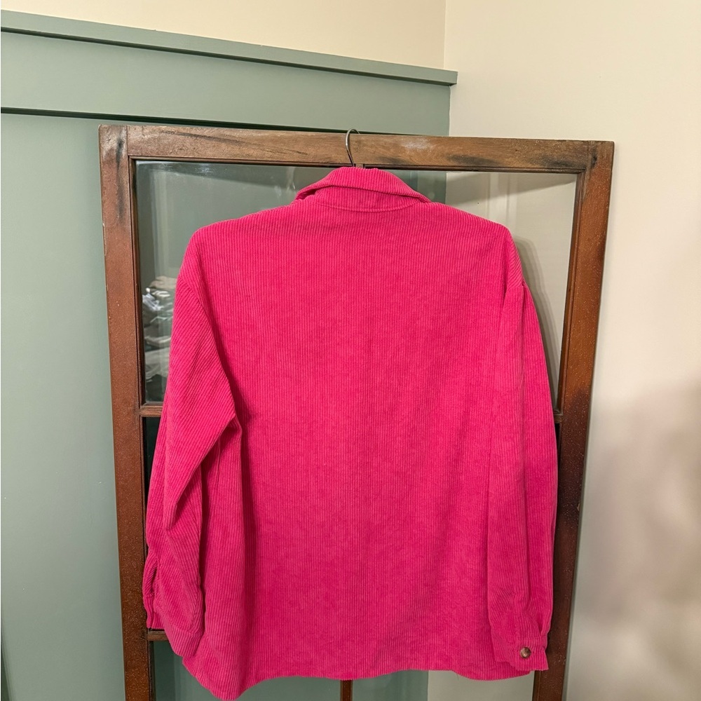 SHEIN Hot Pink Utility Faux Corduroy Ribbed Jacket Flannel Shacket Size Small - Picture 2 of 3